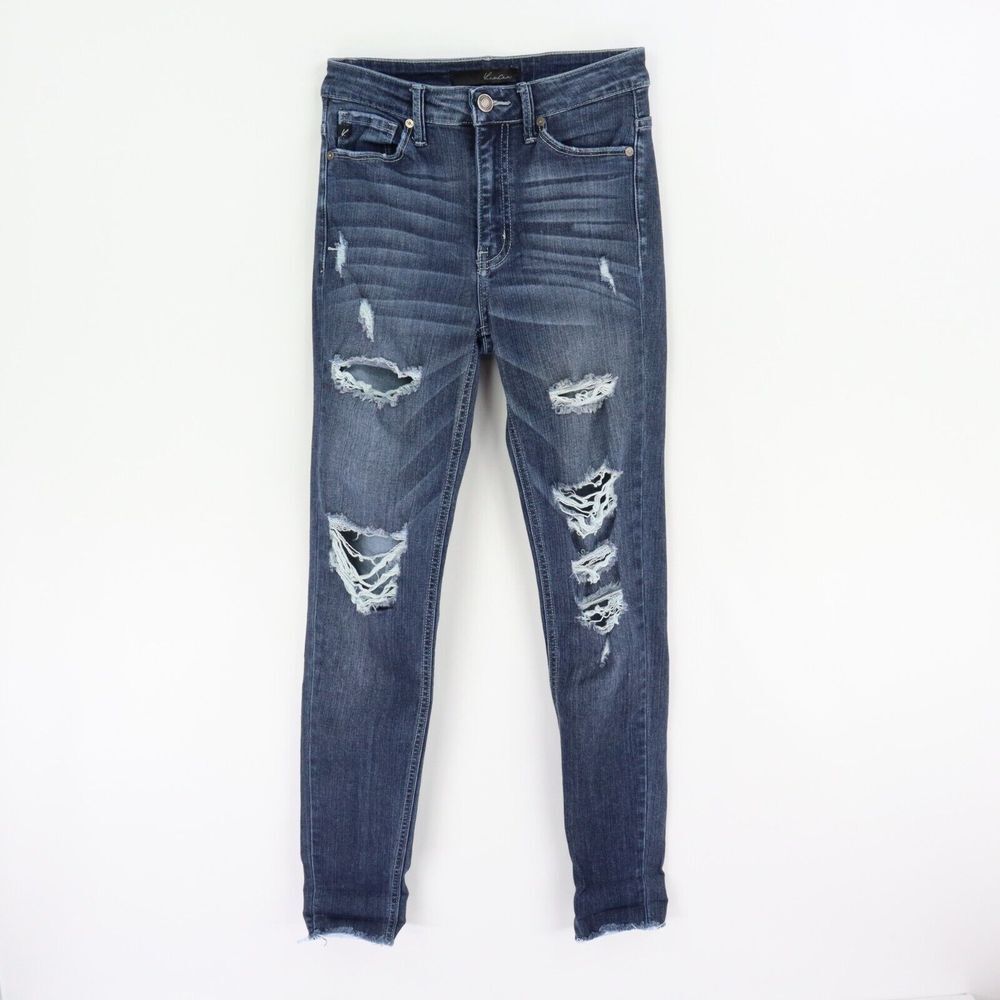 KanCan Skinny Jeans Mid Rise‎ Womens 25-Inch Waist Blue Distressed Denim Cut-Off